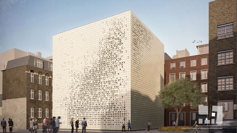 Visualisation of the perforated white facade of Euston Traction Substation