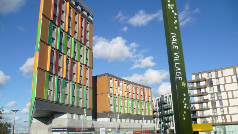 Colourful clad student accommodation blocks at Hale Village, Tottenham Hale